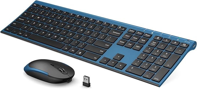 Wireless Keyboard and Mouse, Vssoplor 2.4GHz Rechargeable Quiet Full-Size Keyboard and Mouse Combo with Nano USB Receiver for Windows, Laptop, PC, Notebook-Black and Blue