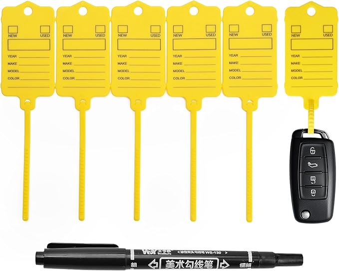200 Car Key Tags with Labels Plastic Car Dealership Key Tags Self Locking Automotive Identifiers Blank Shop Labels with One Pen (Yellow)