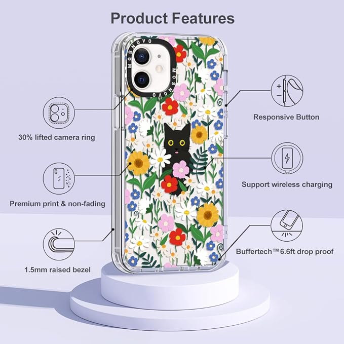 MOSNOVO Case for iPhone 12 & iPhone 12 Pro, [Buffertech 6.6ft Military-Grade Drop Protection] [Anti Peel Off Tech] Clear TPU Bumper Phone Case Cover Design - Black Cat in Garden