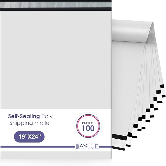 White Large Poly Mailers 19x24 Inch | Strong Adhesive Self-Seal Mailer Bags | Tear, Tamper, Water Resistant Shipping Envelopes | Thick Strong polymailer Bags XL Clothing Shipping Bags | 100 Pcs Bulk