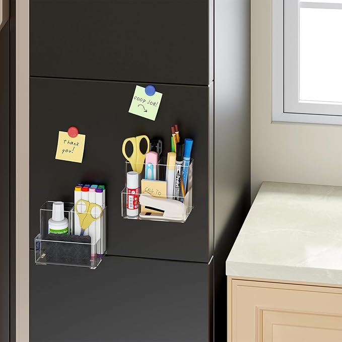 Marbrasse Acrylic Magnetic Pen Holder, 2 Pack Dry Erase Marker Holder, Magnetic Whiteboard Pencil Holders for Refrigerator, Locker, School and Office,Clear
