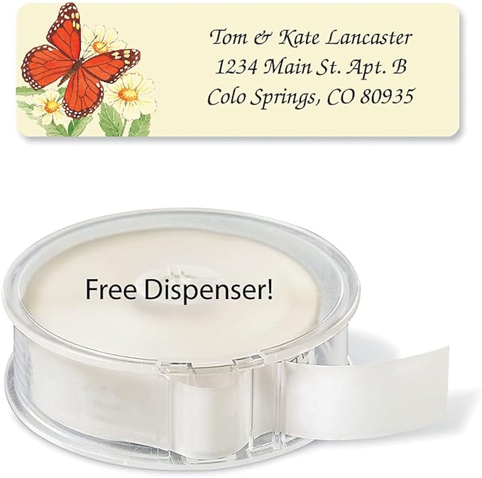 Butterflies Rolled Personalized Return Address Mailing Labels with Dispenser, Set of 500, 5 Designs, Small ¾ x 2½ Inch Size, Custom Self-Adhesive Sticker Roll, by Colorful Images