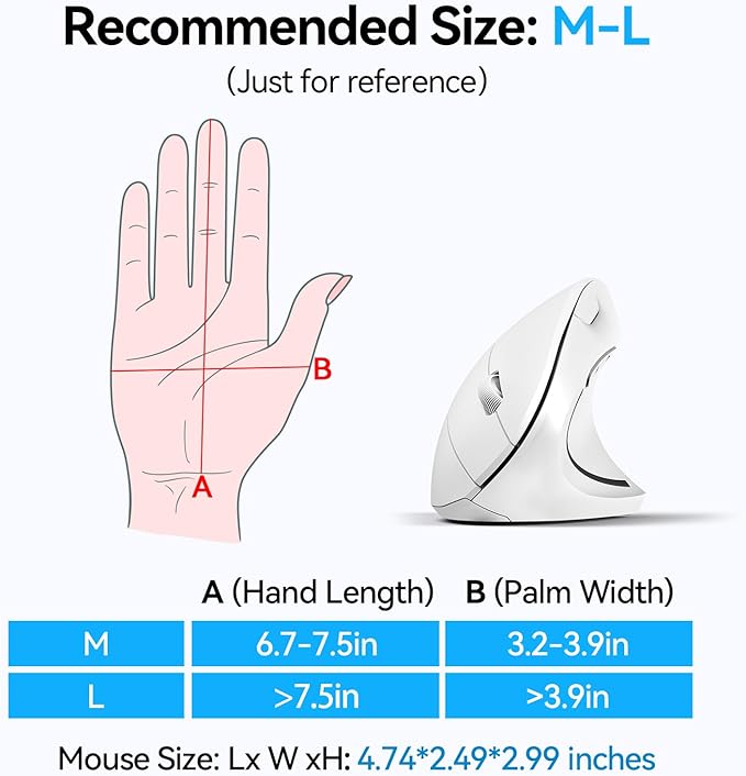 TECKNET Ergonomic Mouse, Wireless Bluetooth Vertical Mouse, 4800 DPI Optical Tracking, 6 Adjustable DPI, Quiet Clicks, 2.4GHz with USB A Receiver, 12 Months Battery, 6 Buttons, Wide Compatibility