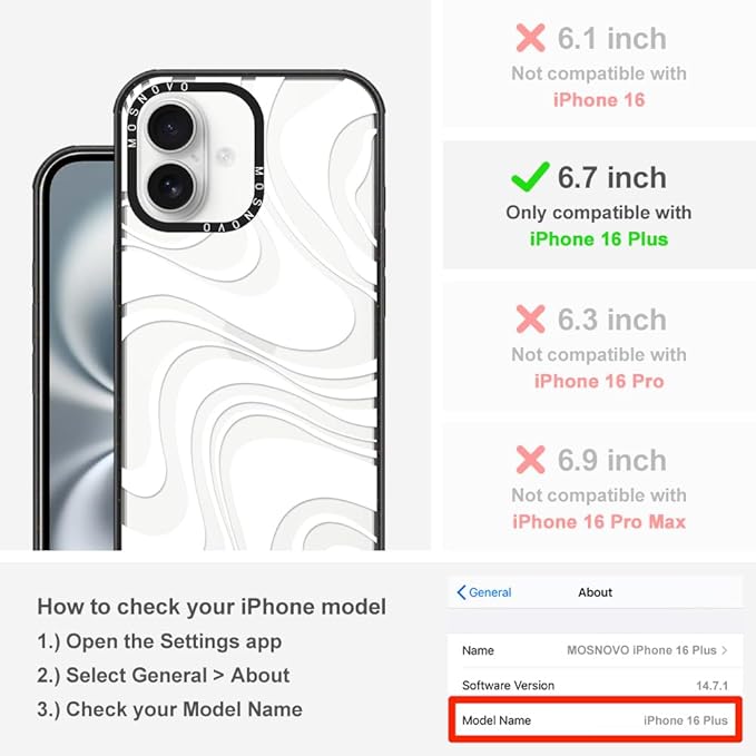 MOSNOVO Case for iPhone 16 Plus, [10ft 4X Military-Grade Drop Protection] Durable & Shockproof Phone Case Cover Design for iPhone 16 Plus - White Swirl - Clear Black