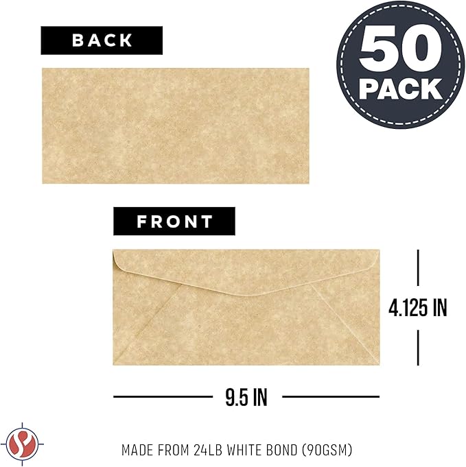 Elegant Aged Parchment #10 Business Envelopes – Great for Invitations, Greetings, Holiday, Office, Invoices, Letters, Mailings | 4 1/8 x 9 1/2 Inches | 50 Per Pack