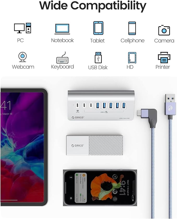 ORICO 7 Port USB Hub 10Gbps, Aluminum USB 3.2 Gen 2 Hub, 6 USB 3.2 Data Ports, 1 PD 60W Ports, 24V 3A Power Adapter, 3.28Ft A to C Cable, USB Data Hub for Laptop