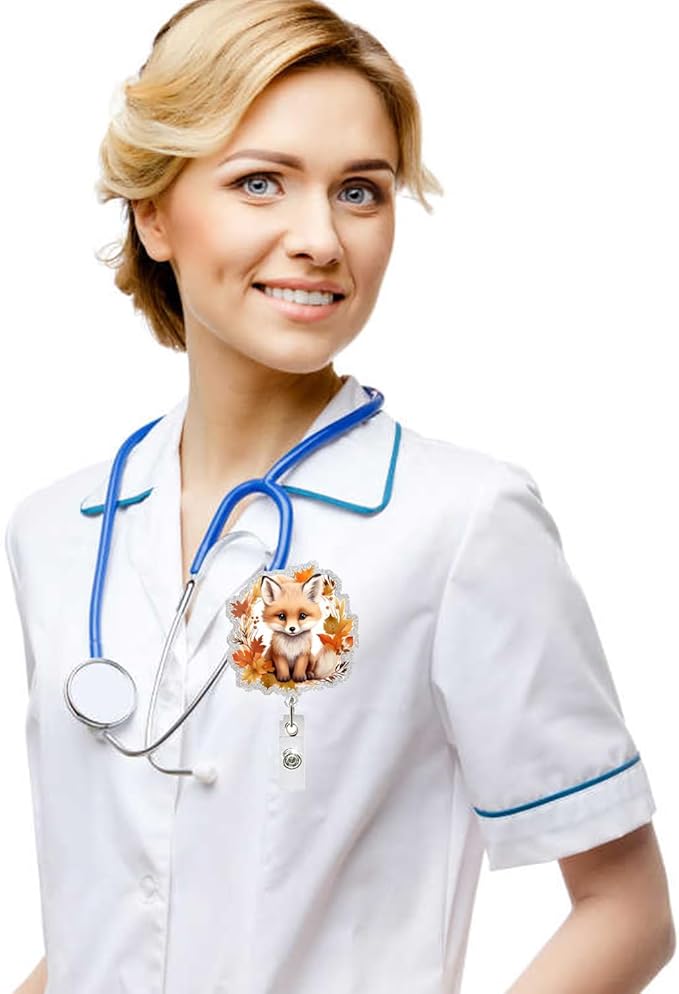 Cute Animal Badge Holders Fall Badge Holder with 360 Swivel Alligator Clip Acrylic Fox Badge Clip Designs Autumn Leaves Badge Reel ID Card Holders Name Card for Teacher Nurse Doctor Worker