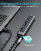 GM7U 7-Port USB 3.0 Hub, 6FT Long Cable, Aluminum, High-Speed, Multi Port Extender Hub, External Expansion Data Hub for PC Laptop, Desktop Computer, Older Mac, Black Grey