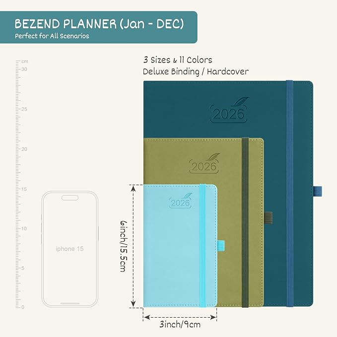 BEZEND Pocket Calendar 2026 Weekly and Monthly (3.5" x 6") Small Daily Planner for Purse (Jan-Dec) with Notes & Expenses, Inner Pocket, Pen Holder, Vegan Leather Hardcover - Cornflower