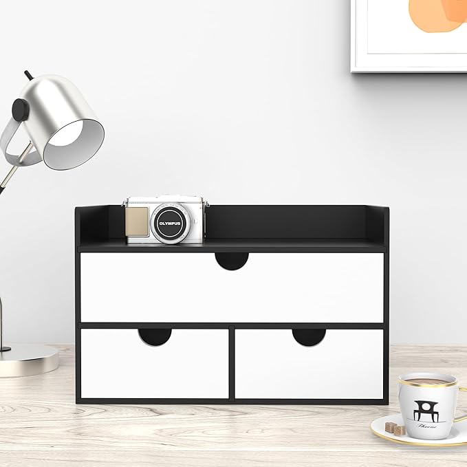 Wisuce Desk Organizer with Drawers - Bamboo Desktop Organizer Storage | Black-White Wood Desk Makeup Dresser Top Organizer for Cosmetics No Assembly Required