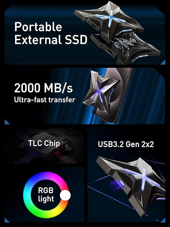 MOVE SPEED Magnetic 2TB Portable External SSD - 2000MB/s USB-C 3.2x2, PS5/PC/Smartphone Compatible Portable Drive, Compact Durable Storage for Gamers & Creators