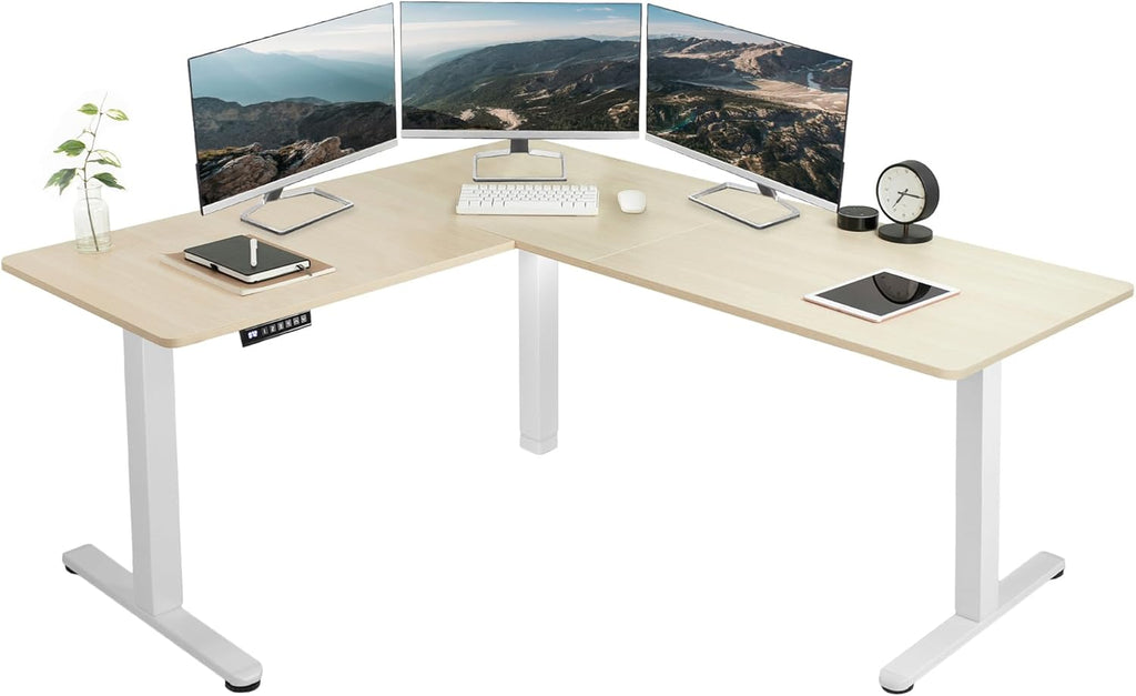 VIVO Electric Corner L-Shaped 63 x 55 in Standing Desk, Memory Height Adjustment, Light Wood Top White Frame, DESK-E3CTC