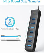 PHIXERO 7 Port USB Hub 3.2 with 1.6FT/50CM Long Cable, Multiport Adapter and Splitter for PC, Compatible with All USB 3.2/2.0/1.1 Devices