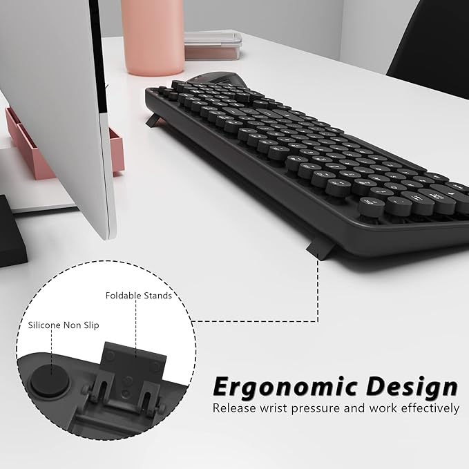Wireless Keyboard and Mouse, KOOTOP Cute Black Keyboard and Mouse, 2.4G Wireless Keyboard with Retro Round Keycap for PC, Mac, Laptop,Tablet,Computer Windows (Black)