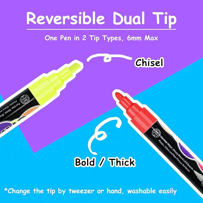 Liquid Chalk Markers Set (8 Pack), 6mm Reversible Thick & Chisel Tip, Wet Erase Paint Pens for Non Porous Blackboard Chalkboard, Car Glass Windows, School Business Supplies (8 Neon Color)