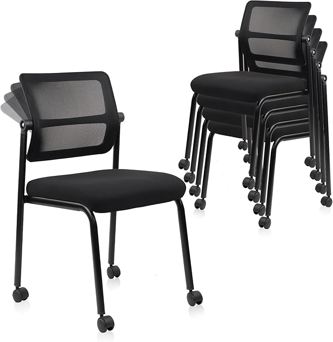 CLATINA Stacking Armless Office Waiting Room Chair with Wheels, Stackable Mesh Guest Reception Desk Chairs with Adjustable Backrest for Conference Lobby Side School, Black, 4 Pack