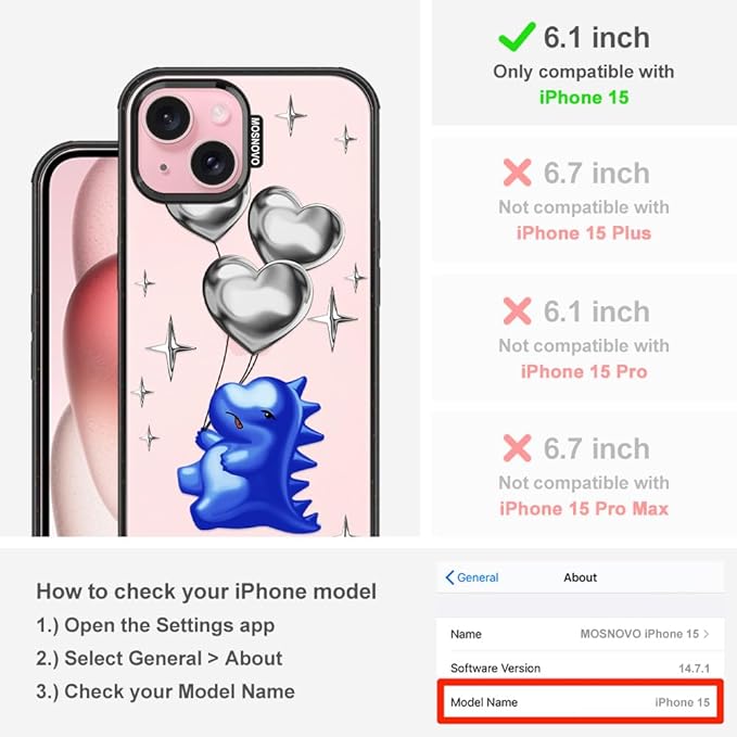 MOSNOVO Case for iPhone 15, [10ft 4X Military-Grade Drop Protection] Durable & Shockproof Phone Case Cover Design for iPhone 15 - Balloonasaurus - Clear Black
