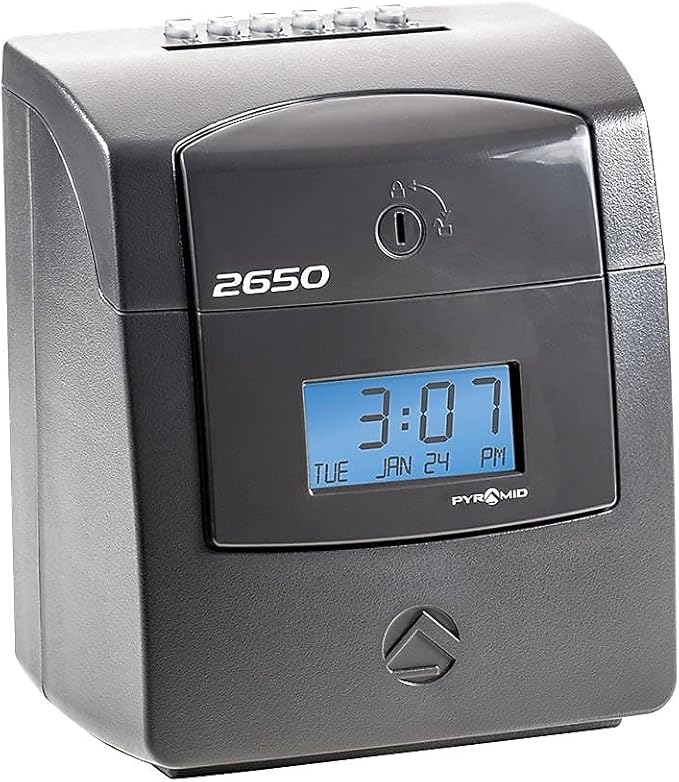 Pyramid Time Systems - Pyramid Technologies 2650 Pro Auto Aligning Time Clock, Bundle Includes: 25 Time Cards, Ribbon and 2 Security Keys - Charcoal (5 "h x 7.25 "w x 8.5" d)