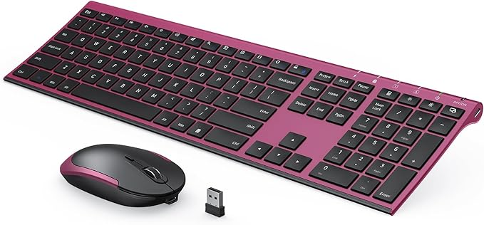 Wireless Keyboard and Mouse, Vssoplor 2.4GHz Rechargeable Compact Quiet Full-Size Keyboard and Mouse Combo with Nano USB Receiver for Windows, Laptop, PC, Notebook-Black and Wine Red