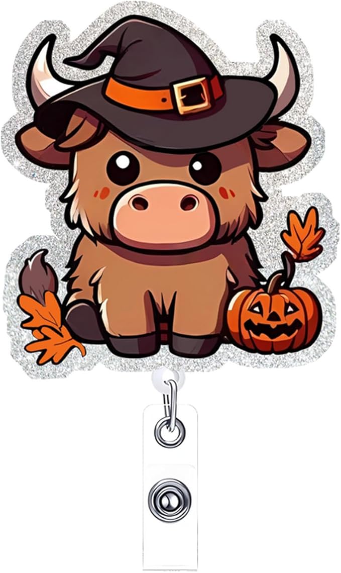 Halloween Cow Badge Reel Retractable Acrylic ID Clip with Swivel Alligator Clip Cartoon Highland Cow ID Tag Card Holder Clip for Nursing Student, Doctor Medical Worker Alligator Badge Accessories