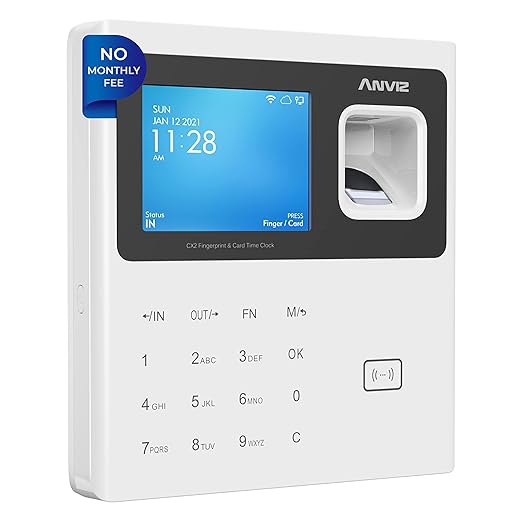 ANVIZ Time Clocks for Employees Small Business - CX2 Fingerprint Biometric Clock in and Out Machine - Forever Free Cloud Software, White