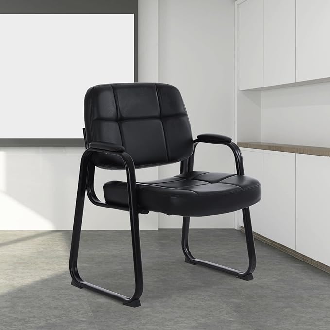 CLATINA Big & Tall Waiting Room Guest Chair with Bonded Leather Padded Arm Rest and Sled Base for Office Reception Lobby and Conference Desk, Black