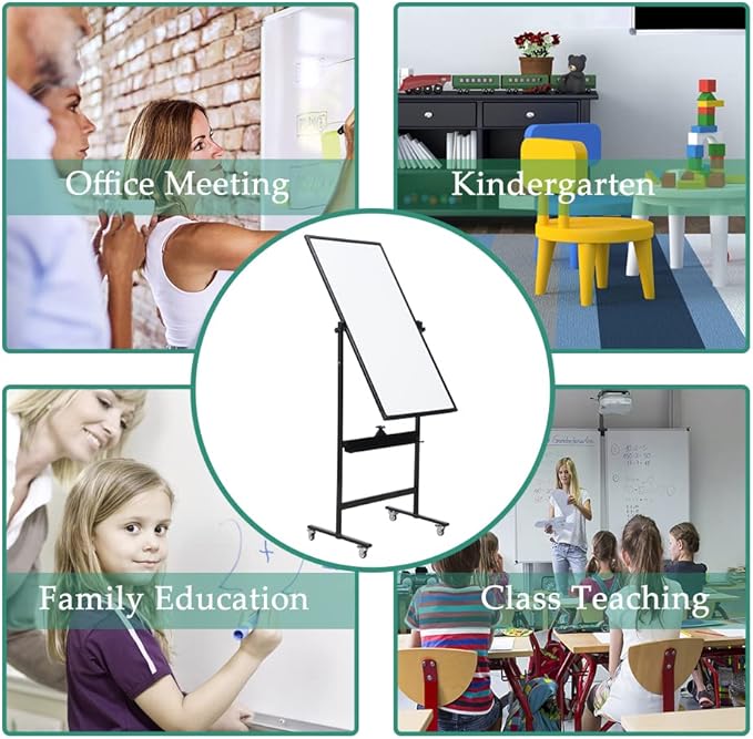 48" x 24" Magnetic Mobile Whiteboard - 360° Reversible Double-Sided Dry Erase Board with Wheels, Portable Standing Whiteboard Easel for Office & Classroom - Includes 6 Markers + 1 Eraser