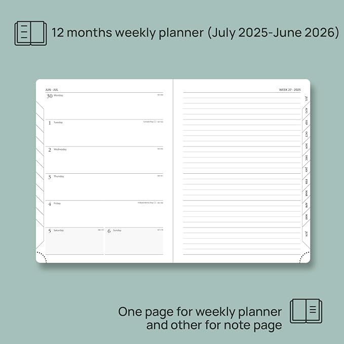 POPRUN Planner 2025-2026 Weekly Notebook (Medium 6.5''x 8.5'') Academic Calendar (JUL.25 - JUN.26) Appointment Book with Monthly Tabs, Leather Soft Cover, Inner Pocket, 100 GSM - Brown