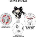 Halloween Skull Badge Reel Retractable for Nurse Nursing Student Medical Worker & Office Staff Acrylic Alligator Clip Badge Reel Halloween Skeleton with Bow ID Card Badge Holder Gifts