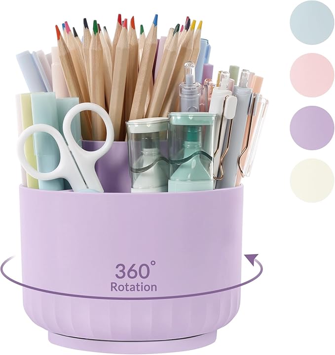 SKYDUE 360 Degree Rotating Desk Organizer, Dual-Purpose Pencil Pen Holder for Desktop, Rotating Desk Pen Organizer with 5 Slots Purple