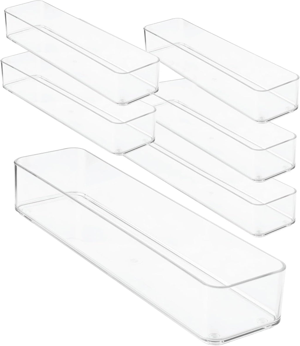 Plastic Clear Drawer Organizers. Bathroom, Kitchen, Bedroom, Gadgets, Office Organizer Bins, Storage Trays. Heavy Duty, Stackable. 12" x 3" x 2" Set of 6