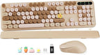Wireless Keyboard and Mouse Combo, Round Keycaps, Full-Size Retro Typewriter Keyboard with Detachable Wrist Rest, Sleep Mode & Tilt Legs, 2.4GHz Cordless Connection for Mac/Windows/PC (Latte)