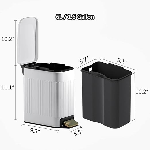 Small Bathroom Trash Can with Lid Soft Close-6L/1.6 Gal Slim Step Garbage Can-Metal Pedal Wastebasket-Narrow Rectangle Garbage Container Bin for Corner Office, Bedroom, Toilet, Live Room-White