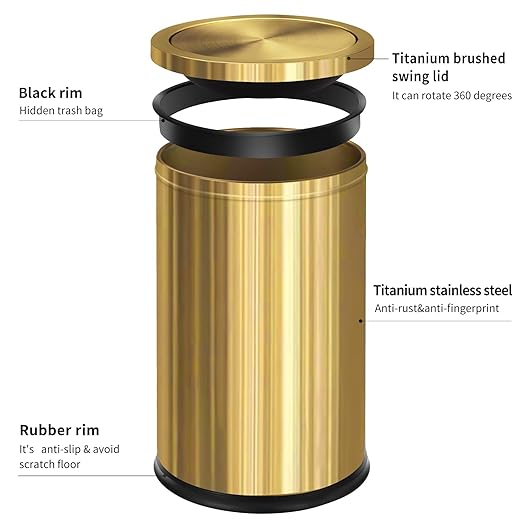 Brushed Gold Bathroom Trash Can with Swing Lid 4.7Gallon,Stainess Steel Garbage Can Trash Bin Wastebaskets for Kitchen,Office,Bedroom (Gold, 4.7 Gallon)