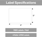 PSBM Thermal Transfer Labels, 3x5 Inch, 4 Rolls, 1190 Labels/Roll, 3 Inch Core, Perforated, Must Have Thermal Ribbon (Not Included)