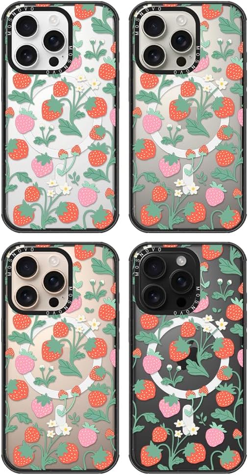 MOSNOVO Magnetic Case for iPhone 16 Pro, 10ft Military-Grade Protection, Compatible with Magsafe, Shockproof Phone Case for iPhone 16 Pro - Strawberry Garden - Clear Black