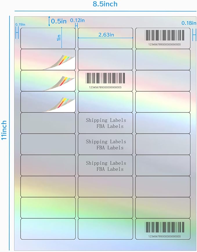 STARLIBOO 1" x 2-5/8" Address Labels- Holographic Color Stickers for Laser/Ink Jet Printer mailing Labels 8.5"×11"- Holographic Silver