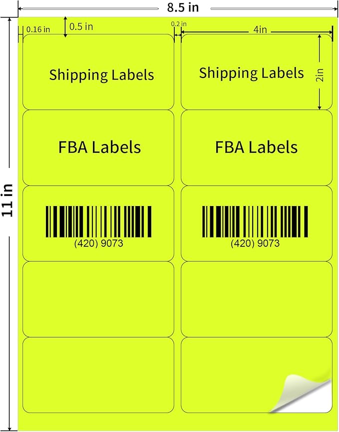 STARLIBOO Shipping Labels Stickers, 2"×4" Printable Fluorescent Mailing Labels for Laser/Inkjet Printing- Matte, Permanent Adhesive Stickers (20 Sheets, Fluorescent Yellow)