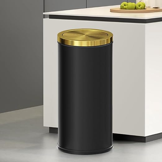 Brushed Gold Kitchen Trash Can with Swing Lid 7.8Gallon,Stainess Steel Commercial Garbage Can Wastebaskets for Shopping mall,Hotel Lobby,Airport, Alevator Using (Black with gold lid, 7.8 gallon)