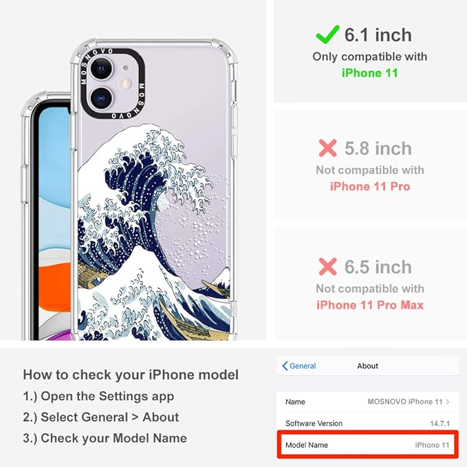 MOSNOVO Case for iPhone 11, [Buffertech 6.6ft Military-Grade Drop Protection] [Anti Peel Off Tech] Clear TPU Bumper Phone Case Cover Design - Great Wave