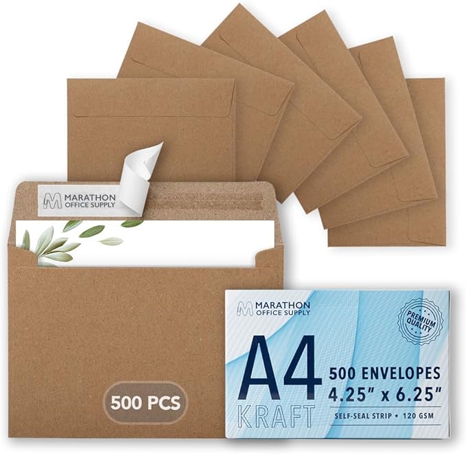 MOS A4 Invitation Envelopes – 4-1/4" x 6-1/4" Kraft Mailing Envelopes Self Seal (500 Count) – 120GSM/ 32LB Bond Heavy Duty – For Greeting Cards, Card Making, RSVP Cards, Wedding Invites