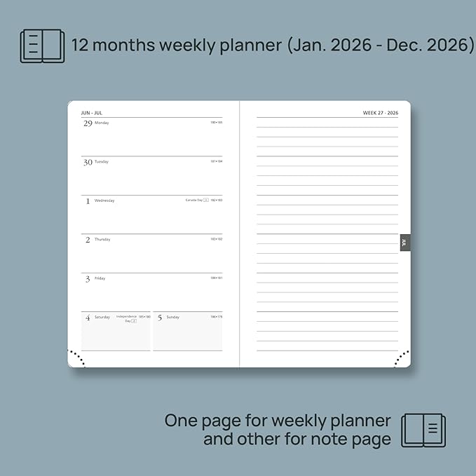 POPRUN Weekly Planner 2026 Pocket Size Calendar (4" x 6.25") 12 Months Notebook with Horizontal Layout, Leather Soft Cover, Inner Pocket, 100GSM Thick Paper, Pen Holder - Brown