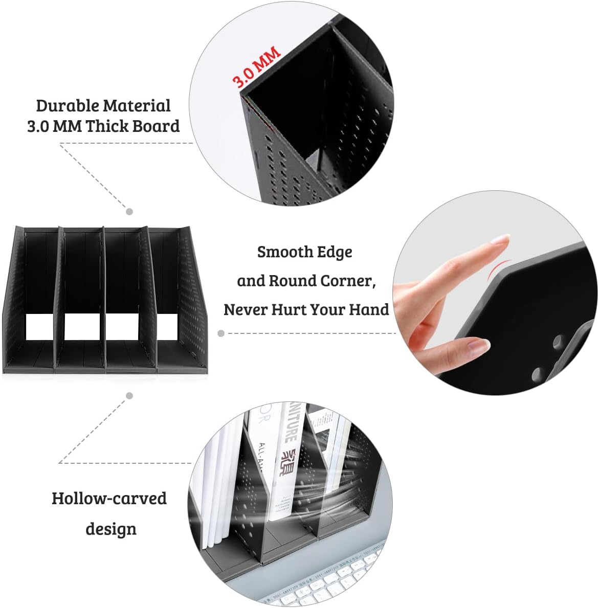 SAYEEC 2Pcs Collapsible Plastic Magazine File Holder Vertical Binder Storage Organizer for Desk Sturdy Upright Desktop Magazine Organizer Folder Rack for Office School Home (3 Compartments, Black)