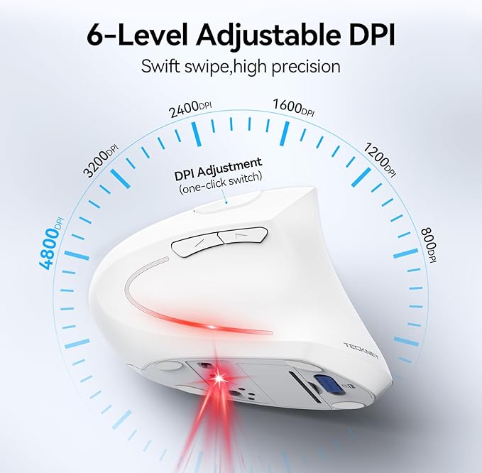 TECKNET Ergonomic Mouse, Wireless Bluetooth Vertical Mouse, 4800 DPI Optical Tracking, 6 Adjustable DPI, Quiet Clicks, 2.4GHz with USB A Receiver, 12 Months Battery, 6 Buttons, Wide Compatibility