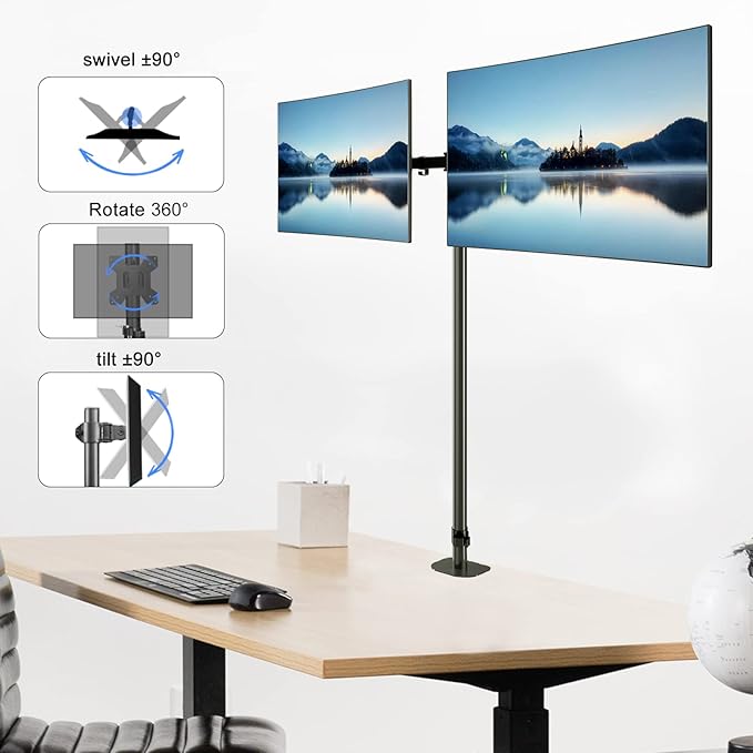 Pholiten Extra Tall Dual Monitor Stand, Dual Monitor Mount, Desk Mount up to 47 inch Pole, 2 Monitor Stand, Computer Monitor Arm, Fully Adjustable Stand for up to 27 inch Screens