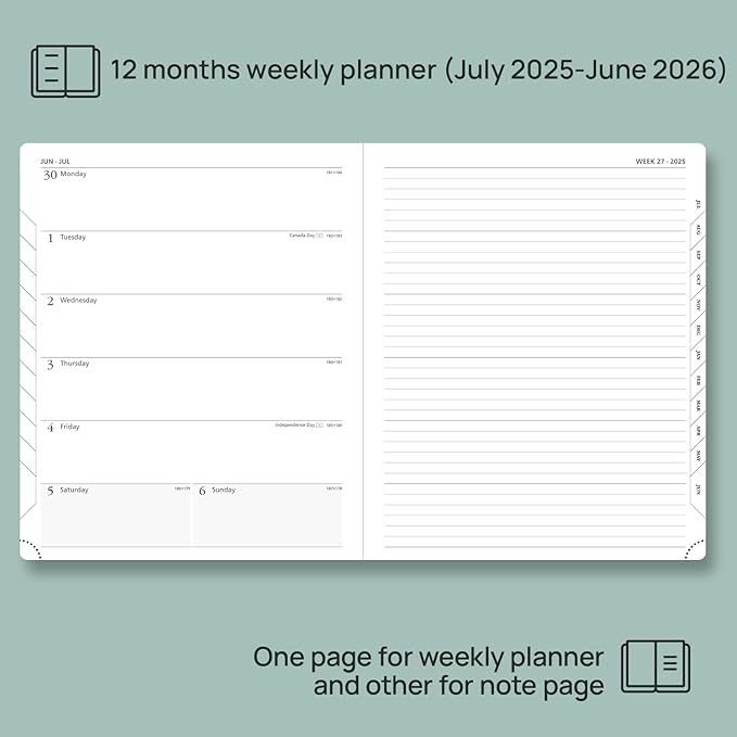 POPRUN Planner 2025-2026 Weekly Notebook (Large 8.5''x 10.5'') Academic Calendar (JUL.25 - JUN.26) Appointment Book with Monthly Tabs, Leather Soft Cover, Inner Pocket, 100 GSM - Cerulean Blue