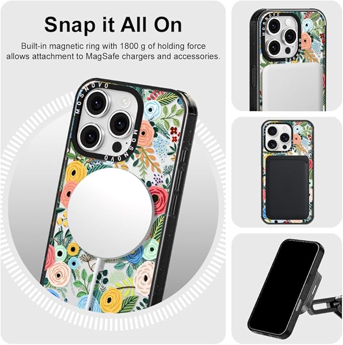 MOSNOVO Magnetic Case for iPhone 16 Pro, 10ft Military-Grade Protection, Compatible with Magsafe, Shockproof Phone Case for iPhone 16 Pro - Pastel Floral Garden - Clear Black