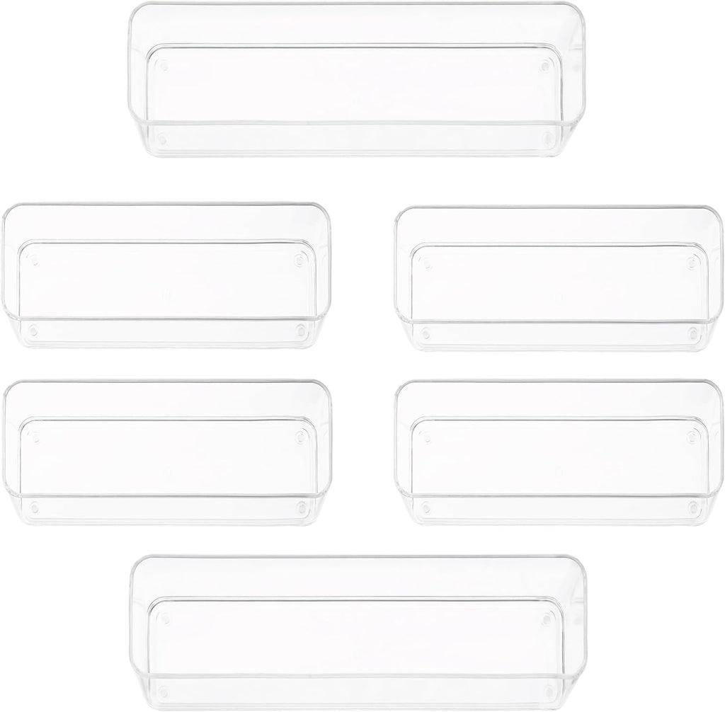 Six Pcs. Plastic Clear Drawer Organizers. Stackable Storage Trays for Kitchen Utensils and Silverware. 2 Sizes. Stackable
