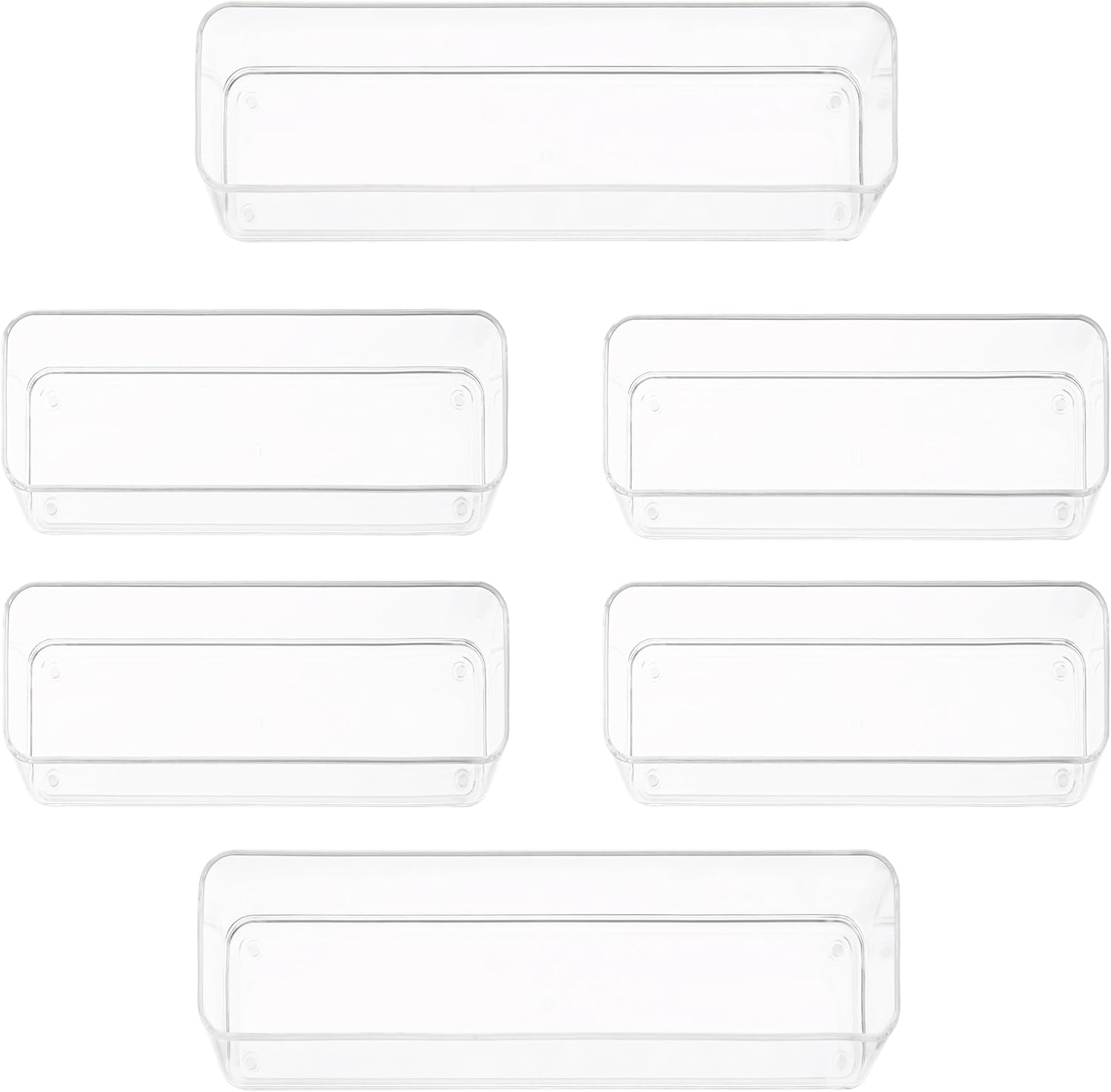 Six Pcs. Plastic Clear Drawer Organizers. Stackable Storage Trays for Kitchen Utensils and Silverware. 2 Sizes. Stackable