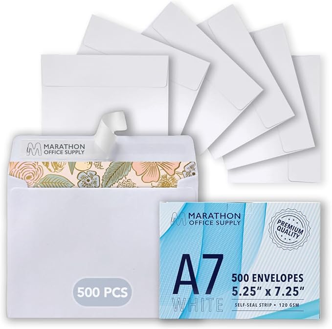 MOS A7 Invitation Envelopes – 5-1/4" X 7-1/4" White Mailing Envelopes Self Seal (500 Count) – 120GSM/ 32LB Bond Heavy Duty – For Greeting Cards, Card Making, RSVP Cards, Wedding Invites